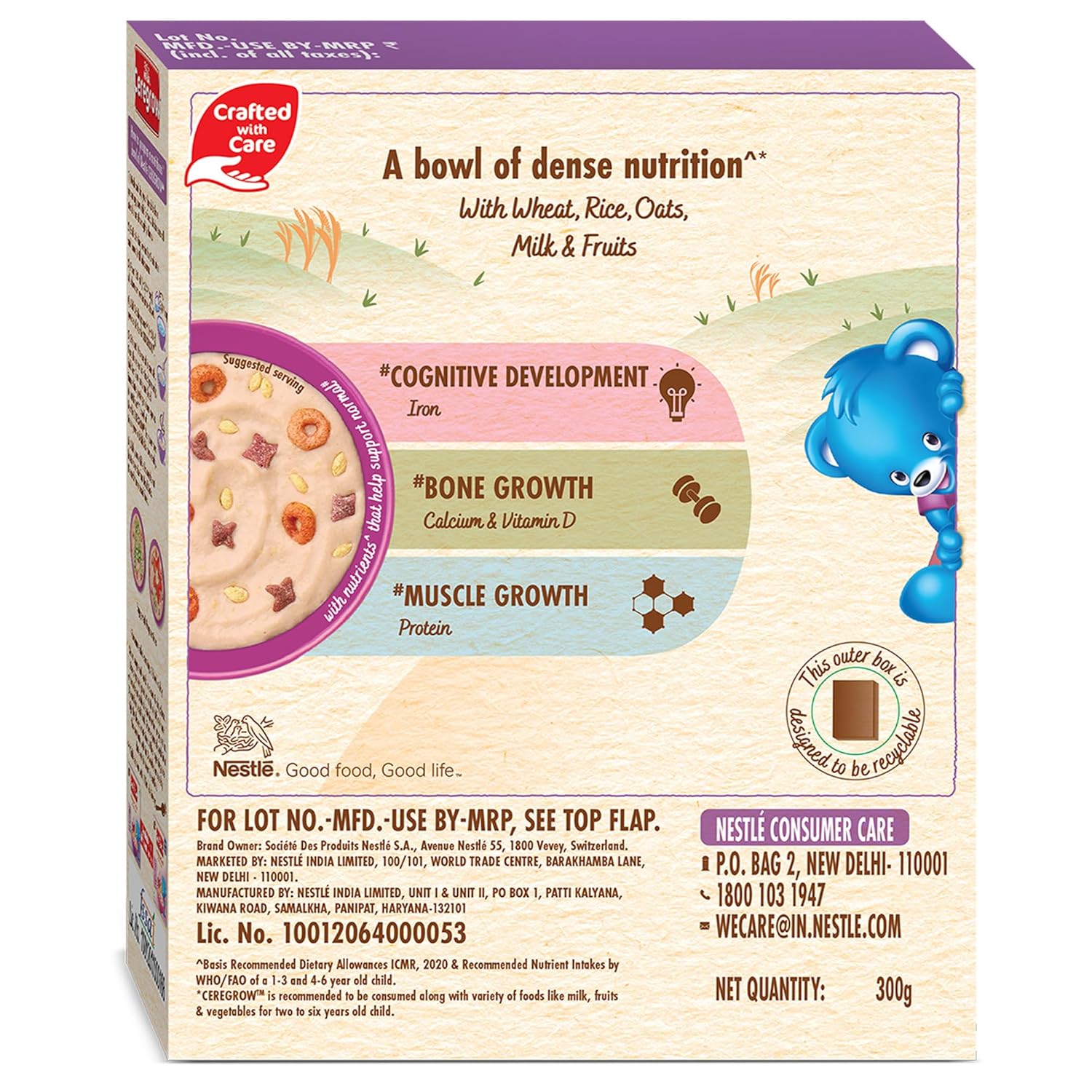 CEREGROW Multigrain Cereal with Milk & Fruits, From 2-6 years, With Iron, Protein, Calcium, 19 Nutrients, Instant Cereal, 300g, Bag-in-box Pack - Image 2