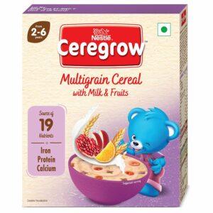 CEREGROW Multigrain Cereal with Milk & Fruits, From 2-6 years, With Iron, Protein, Calcium, 19 Nutrients, Instant Cereal, 300g, Bag-in-box Pack