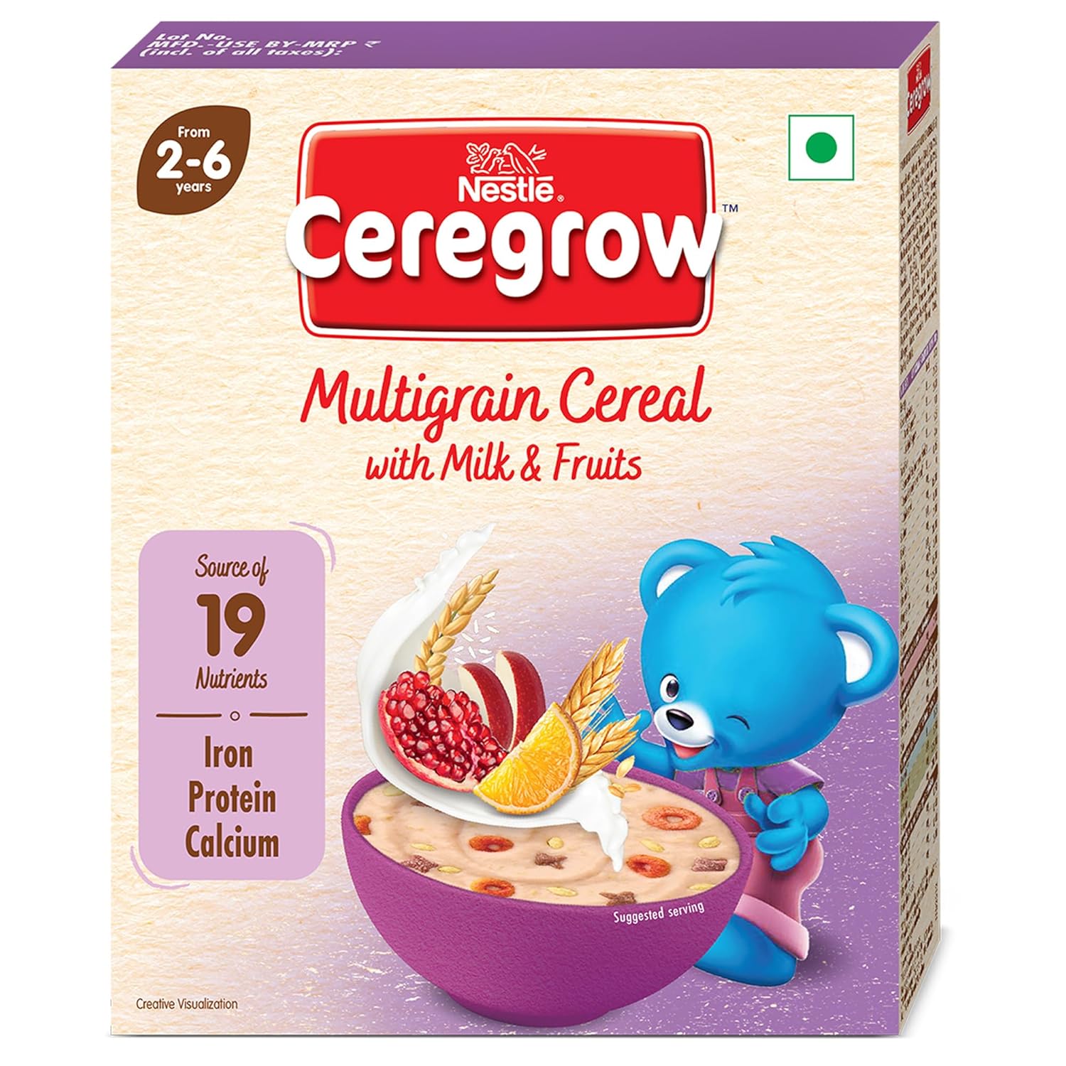 CEREGROW Multigrain Cereal with Milk & Fruits, From 2-6 years, With Iron, Protein, Calcium, 19 Nutrients, Instant Cereal, 300g, Bag-in-box Pack