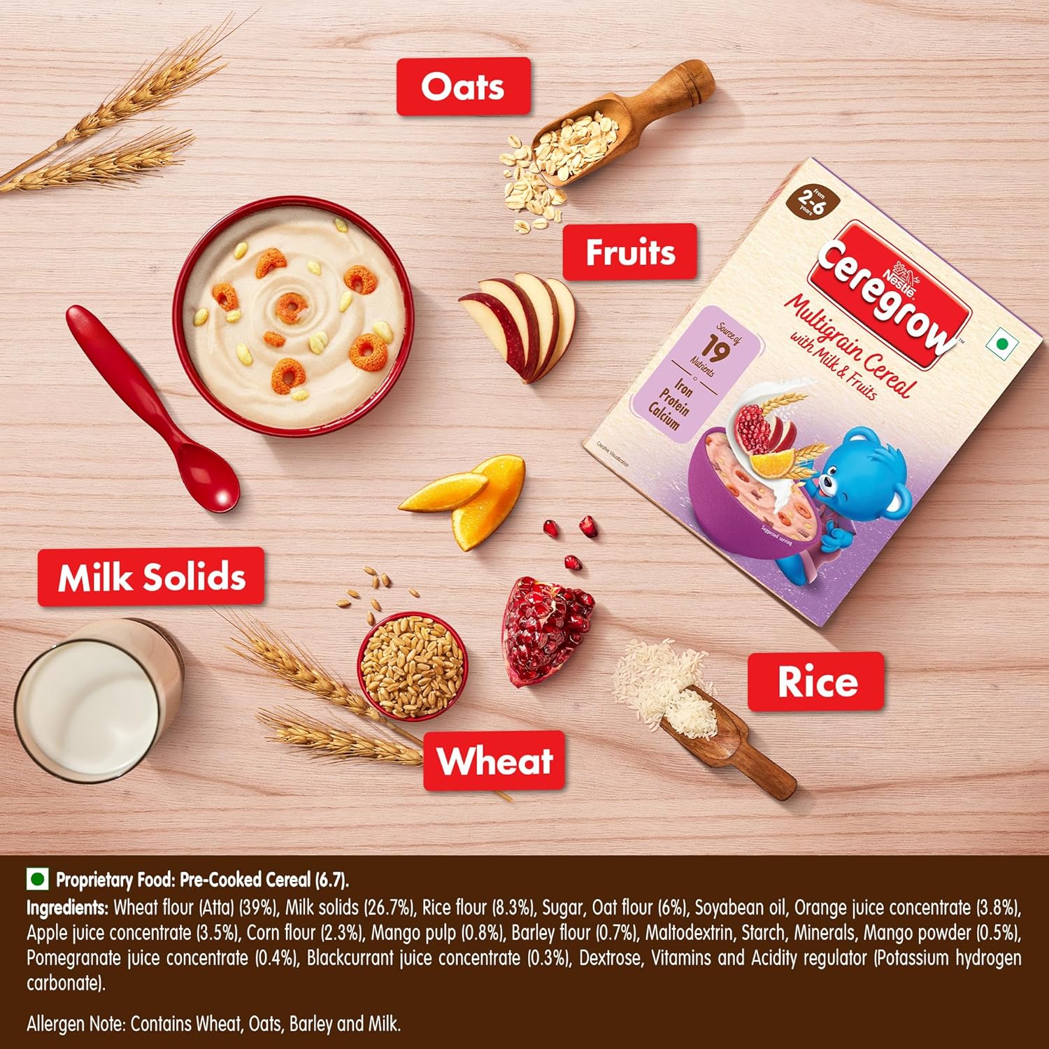 CEREGROW Multigrain Cereal with Milk & Fruits, From 2-6 years, With Iron, Protein, Calcium, 19 Nutrients, Instant Cereal, 300g, Bag-in-box Pack - Image 3